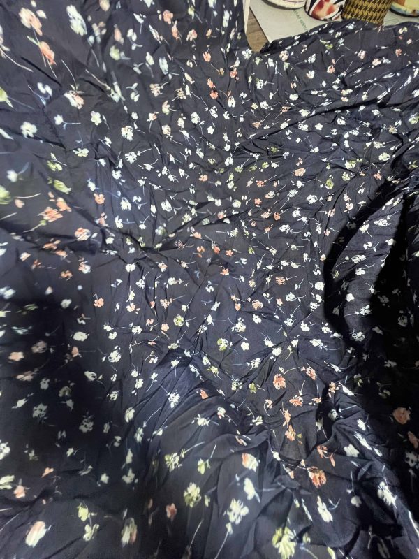 Elegant Navy Blue Crepe Fabric with Delicate Floral Print